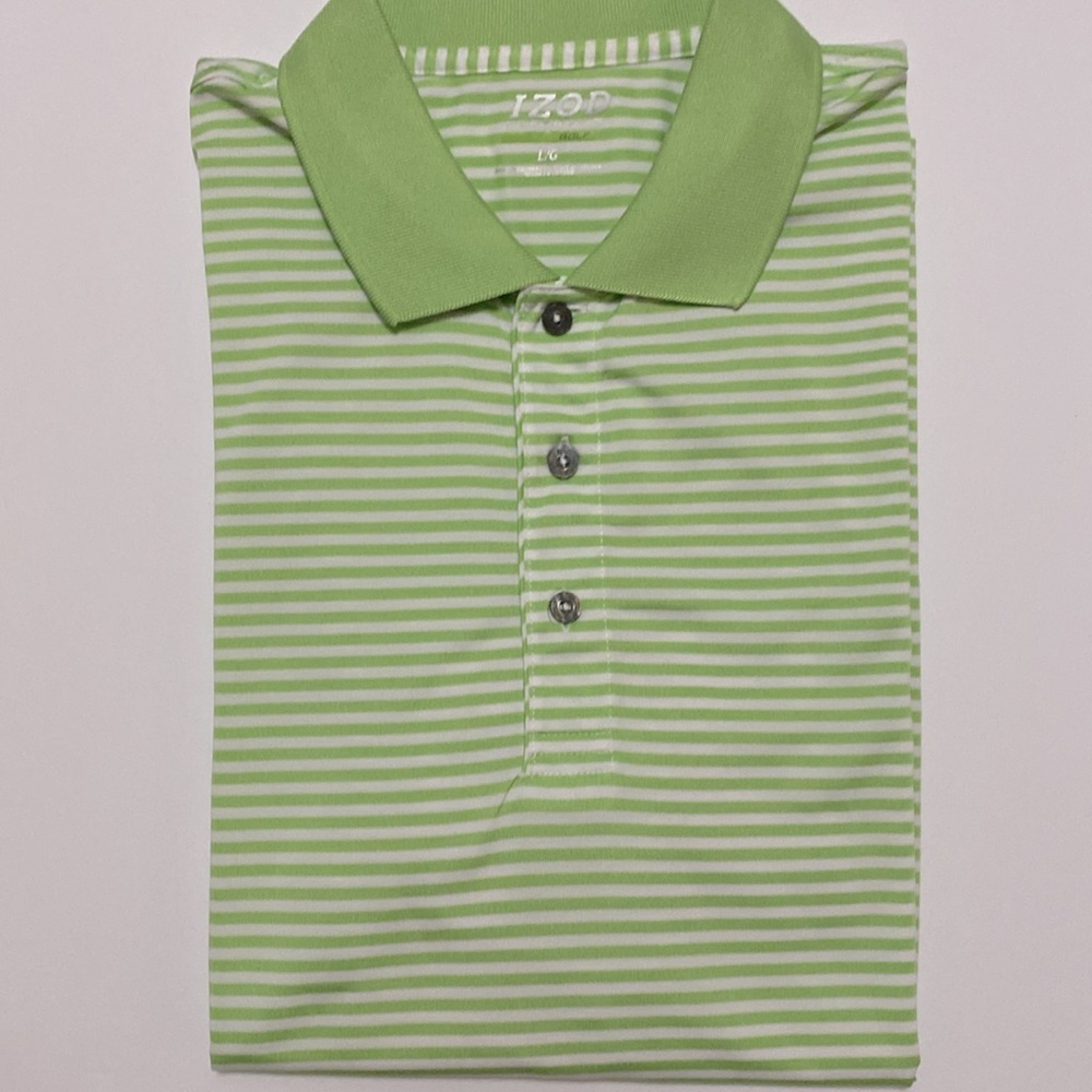 IZOD GOLF men’s lime / white striped polo three button closure shirt size L